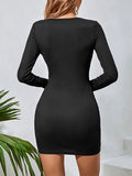 Momentlover Solid Color Knot Skinny Long Sleeves Round-Neck Mini Dresses