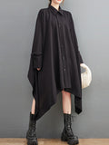 Momentlover Solid Color Pockets Buttoned Asymmetric Loose Long Sleeves Lapel Shirt Dress Midi Dresses