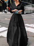 Momentlover Long Sleeves Loose Belted Pleated Solid Color Lapel Maxi Dresses