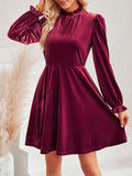 Momentlover Velvet Solid Color Ruffled Hollow Ruffle Sleeves Loose Mock Neck Mini Dresses