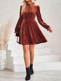 Momentlover Velvet Solid Color Ruffled Hollow Ruffle Sleeves Loose Mock Neck Mini Dresses