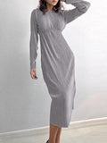 Momentlover Solid Color Pleated Hollow Backless Loose Long Sleeves Round-Neck Midi Dresses