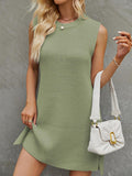 Momentlover Tied Waist Split-Joint Solid Color Sleeveless Loose Round-Neck Sweater Dresses Mini Dresses