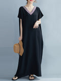 Momentlover Casual Artistic Retro Striped V-Neck Short Sleeves Maxi Dress