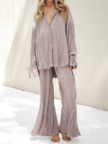 Momentlover Drawstring Pleated Flared Sleeves Long Sleeves Buttoned Solid Color Split-Side Lapel Shirts Top + Pants Bottom Pajama Sets