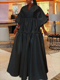 Momentlover High Waisted Puff Sleeves Falbala Solid Color V-Neck Maxi Dresses