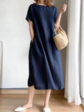 Momentlover Casual Loose Solid Color Round-Neck Midi Dresses