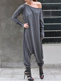 Momentlover Long Sleeves Loose Solid Color Round-neck Jumpsuits Bottoms