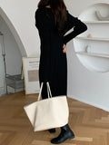 Momentlover Simple Long Sleeves Black Split-Joint Elasticity Waist Pleated Midi Dress