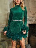 Momentlover Velvet Solid Color Feathers Chains Long Sleeves A-Line Stand Collar Mini Dresses