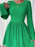 Momentlover Solid Color Pleated Loose Long Sleeves Round-Neck Mini Dresses