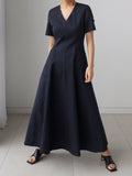 Momentlover Simple Casual Solid Color Pleated Midi Dress