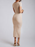 Momentlover Split-side Solid Color Skinny Short Sleeves Round-neck Midi Dresses