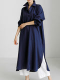 Momentlover Simple Long Sleeves Split-Side Solid Color Lapel Midi Dresses Shirt Dress