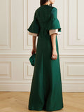 Momentlover Flared Sleeves Half Sleeves Solid Color Round-Neck Maxi Dresses