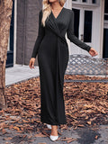 Momentlover Solid Color Bowknot Long Sleeves Bodycon V-neck Maxi Dresses