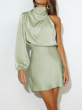 Momentlover Solid Color Elasticity Asymmetric Puff Sleeves Long Sleeves High Neck Mini Dresses