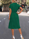 Momentlover Tied Waist Solid Color Buttoned Short Sleeves High Waisted Lapel Collar Shirt Dress Midi Dresses