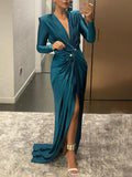 Momentlover Solid Color Bodycon Long Sleeves Pleated  Split-Front Tied Waist Deep V-Neck Maxi Dresses