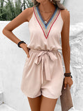 Momentlover Tied Waist Split-Joint Hollow Contrast Color Sleeveless Loose V-Neck Rompers