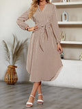 Momentlover Tied Waist Striped Puff Sleeves Loose V-Neck Shirt Dress Midi Dresses