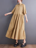 Momentlover Simple Half Sleeves Loose Solid Color Lapel Collar Midi Dresses