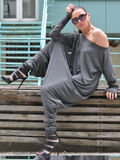 Momentlover Long Sleeves Loose Solid Color Round-neck Jumpsuits Bottoms