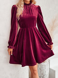 Momentlover Velvet Solid Color Ruffled Hollow Ruffle Sleeves Loose Mock Neck Mini Dresses