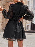 Momentlover Tied Waist Solid Color See-Through Long Sleeves A-Line V-Neck Mini Dresses