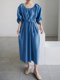 Momentlover Original Casual Loose Solid Color Pleated Puff Sleeves Midi Dress