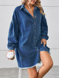 Momentlover Split-Joint Pockets Pleated Fringed Buttoned Loose Long Sleeves Lapel Mini Dresses