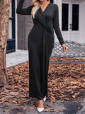 Momentlover Solid Color Bowknot Long Sleeves Bodycon V-neck Maxi Dresses