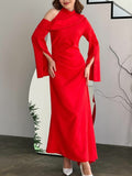 Momentlover Flared Sleeves Asymmetric Buttoned Hollow Solid Color Zipper Cold Shoulder Evening Dresses Maxi Dresses