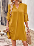 Momentlover Split-Joint Solid Color Hollow Three-Quarter Sleeves Loose V-Neck Mini Dresses