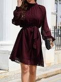 Momentlover Split-Joint Solid Color Belted Loose Round-neck Mini Dresses