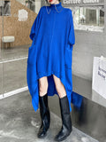 Momentlover Batwing Sleeves High-Low Pockets Solid Color High-Neck Midi Dresses Sweater Dresses