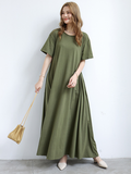 Momentlover Simple Loose Short Sleeves Solid Color Round-Neck Maxi Dresses