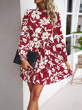 Momentlover Tied Waist Pleated Flower Print Loose Long Sleeves Mock Neck Mini Dresses