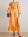 Momentlover Solid Color Pleated Belted Puff Sleeves Loose V-Neck Maxi Dresses