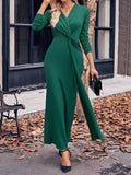 Momentlover Solid Color Bowknot Long Sleeves Bodycon V-neck Maxi Dresses